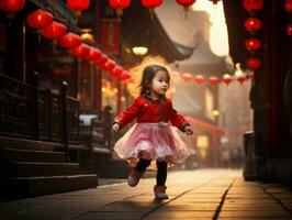 Kid enjoys a leisurely stroll through the vibrant city streets AI Generative photo