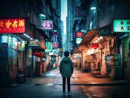 Kid enjoys a leisurely stroll through the vibrant city streets AI Generative photo