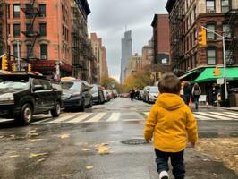 niño disfruta un sin prisa paseo mediante el vibrante ciudad calles ai generativo foto