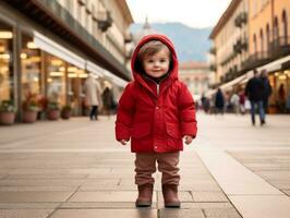 niño disfruta un sin prisa paseo mediante el vibrante ciudad calles ai generativo foto