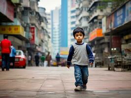 Kid enjoys a leisurely stroll through the vibrant city streets AI Generative photo