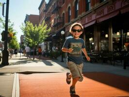 niño disfruta un sin prisa paseo mediante el vibrante ciudad calles ai generativo foto