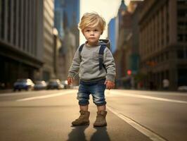 Kid enjoys a leisurely stroll through the vibrant city streets AI Generative photo