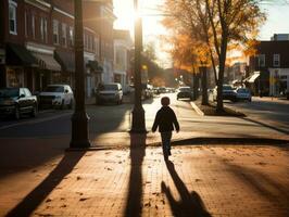 niño disfruta un sin prisa paseo mediante el vibrante ciudad calles ai generativo foto