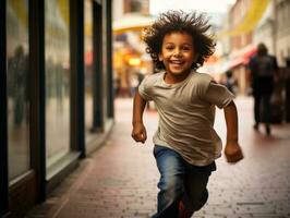 niño disfruta un sin prisa paseo mediante el vibrante ciudad calles ai generativo foto