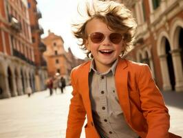 niño disfruta un sin prisa paseo mediante el vibrante ciudad calles ai generativo foto