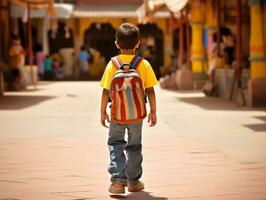 niño disfruta un sin prisa paseo mediante el vibrante ciudad calles ai generativo foto