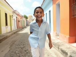 niño disfruta un sin prisa paseo mediante el vibrante ciudad calles ai generativo foto