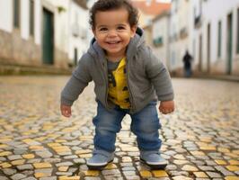 Kid enjoys a leisurely stroll through the vibrant city streets AI Generative photo