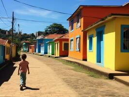 Kid enjoys a leisurely stroll through the vibrant city streets AI Generative photo