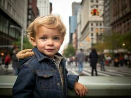 niño disfruta un sin prisa paseo mediante el vibrante ciudad calles ai generativo foto