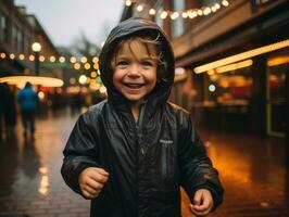 Kid enjoys a leisurely stroll through the vibrant city streets AI Generative photo