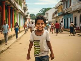 niño disfruta un sin prisa paseo mediante el vibrante ciudad calles ai generativo foto