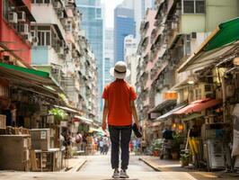 Kid enjoys a leisurely stroll through the vibrant city streets AI Generative photo