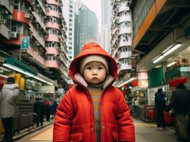 Kid enjoys a leisurely stroll through the vibrant city streets AI Generative photo