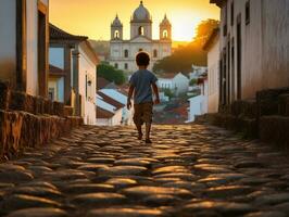 niño disfruta un sin prisa paseo mediante el vibrante ciudad calles ai generativo foto