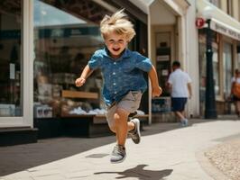 niño disfruta un sin prisa paseo mediante el vibrante ciudad calles ai generativo foto