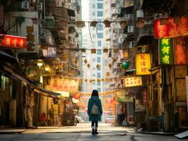 Kid enjoys a leisurely stroll through the vibrant city streets AI Generative photo