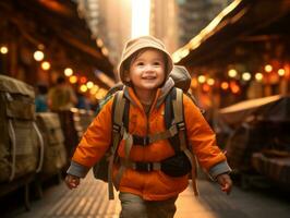 niño disfruta un sin prisa paseo mediante el vibrante ciudad calles ai generativo foto