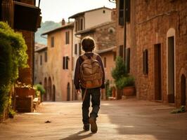 niño disfruta un sin prisa paseo mediante el vibrante ciudad calles ai generativo foto