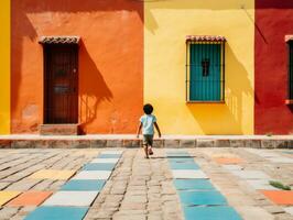 Kid enjoys a leisurely stroll through the vibrant city streets AI Generative photo