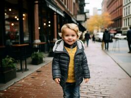 niño disfruta un sin prisa paseo mediante el vibrante ciudad calles ai generativo foto