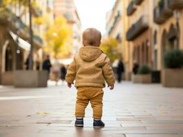 Kid enjoys a leisurely stroll through the vibrant city streets AI Generative photo