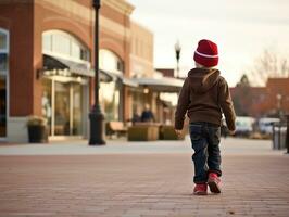 niño disfruta un sin prisa paseo mediante el vibrante ciudad calles ai generativo foto