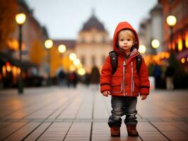 Kid enjoys a leisurely stroll through the vibrant city streets AI Generative photo