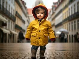 niño disfruta un sin prisa paseo mediante el vibrante ciudad calles ai generativo foto