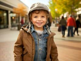 niño disfruta un sin prisa paseo mediante el vibrante ciudad calles ai generativo foto