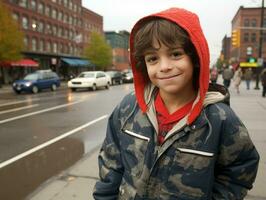 niño disfruta un sin prisa paseo mediante el vibrante ciudad calles ai generativo foto