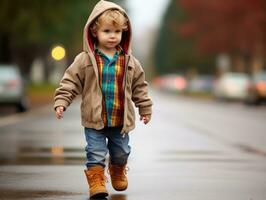 niño disfruta un sin prisa paseo mediante el vibrante ciudad calles ai generativo foto