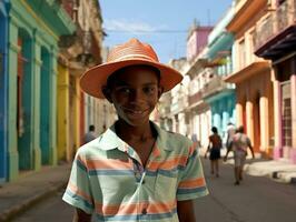 niño disfruta un sin prisa paseo mediante el vibrante ciudad calles ai generativo foto