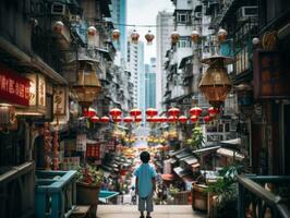 Kid enjoys a leisurely stroll through the vibrant city streets AI Generative photo