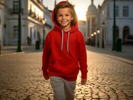 niño disfruta un sin prisa paseo mediante el vibrante ciudad calles ai generativo foto