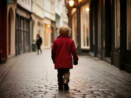 Kid enjoys a leisurely stroll through the vibrant city streets AI Generative photo