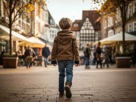 Kid enjoys a leisurely stroll through the vibrant city streets AI Generative photo