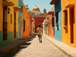 niño disfruta un sin prisa paseo mediante el vibrante ciudad calles ai generativo foto