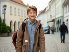 Kid enjoys a leisurely stroll through the vibrant city streets AI Generative photo