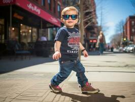 Kid enjoys a leisurely stroll through the vibrant city streets AI Generative photo