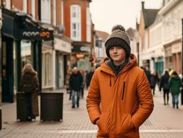 Kid enjoys a leisurely stroll through the vibrant city streets AI Generative photo