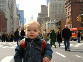 niño disfruta un sin prisa paseo mediante el vibrante ciudad calles ai generativo foto