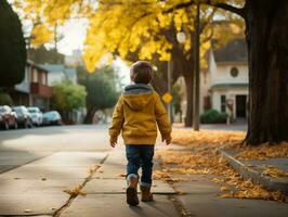 niño disfruta un sin prisa paseo mediante el vibrante ciudad calles ai generativo foto