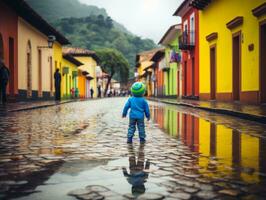 Kid enjoys a leisurely stroll through the vibrant city streets AI Generative photo