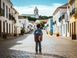 Kid enjoys a leisurely stroll through the vibrant city streets AI Generative photo