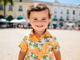 niño disfruta un sin prisa paseo mediante el vibrante ciudad calles ai generativo foto