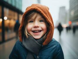 Kid enjoys a leisurely stroll through the vibrant city streets AI Generative photo