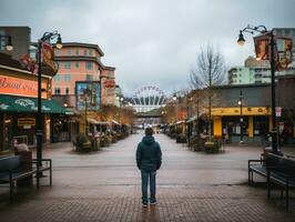 Kid enjoys a leisurely stroll through the vibrant city streets AI Generative photo