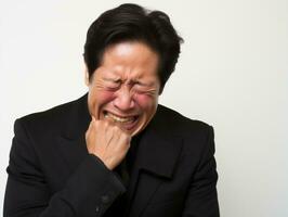 40 año antiguo asiático hombre en emocional actitud en blanco antecedentes ai generativo foto